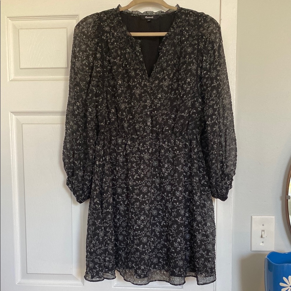 Madewell Black Floral Long Sleeve Dress